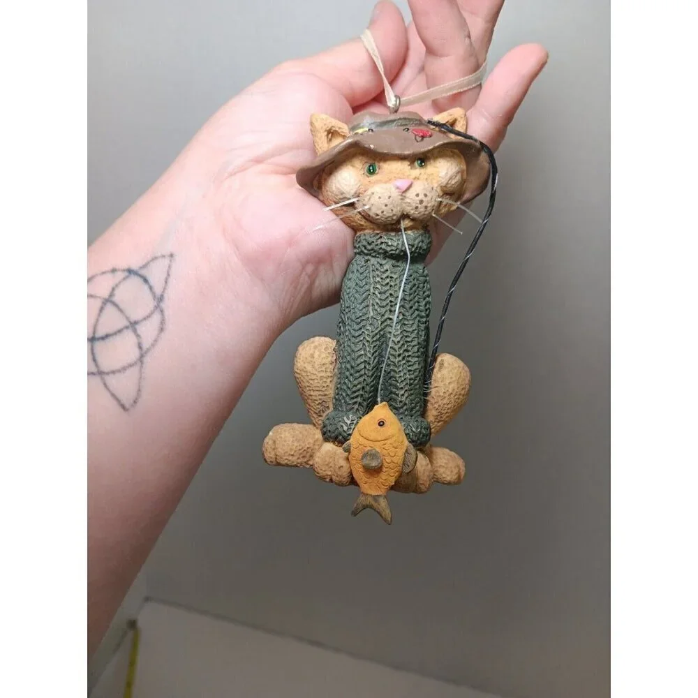 Kurt Adler Resin Cat with Fish and Fishing Pole Christmas Ornament (901)